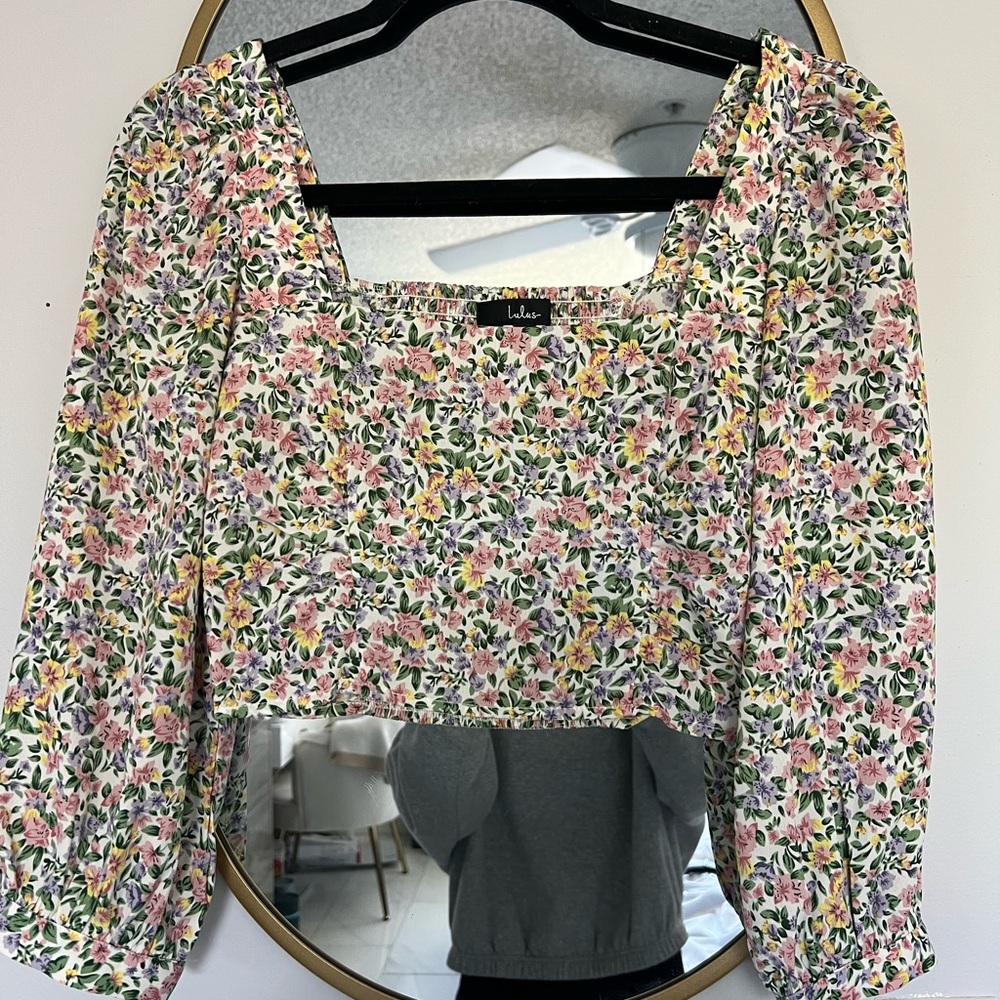 Lulu's Pink and Yellow Puff Sleeve Crop Blouse